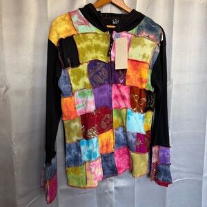 Colorful Patchwork Hoodie Boho Wearable Art Langenlook Artist Cotton Bright NWT